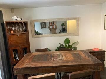 Mesa comedor de roble y rauli, rústica, pisos de roble y fierro, medidas 1.50 x 0.80 x 1.00 de alto