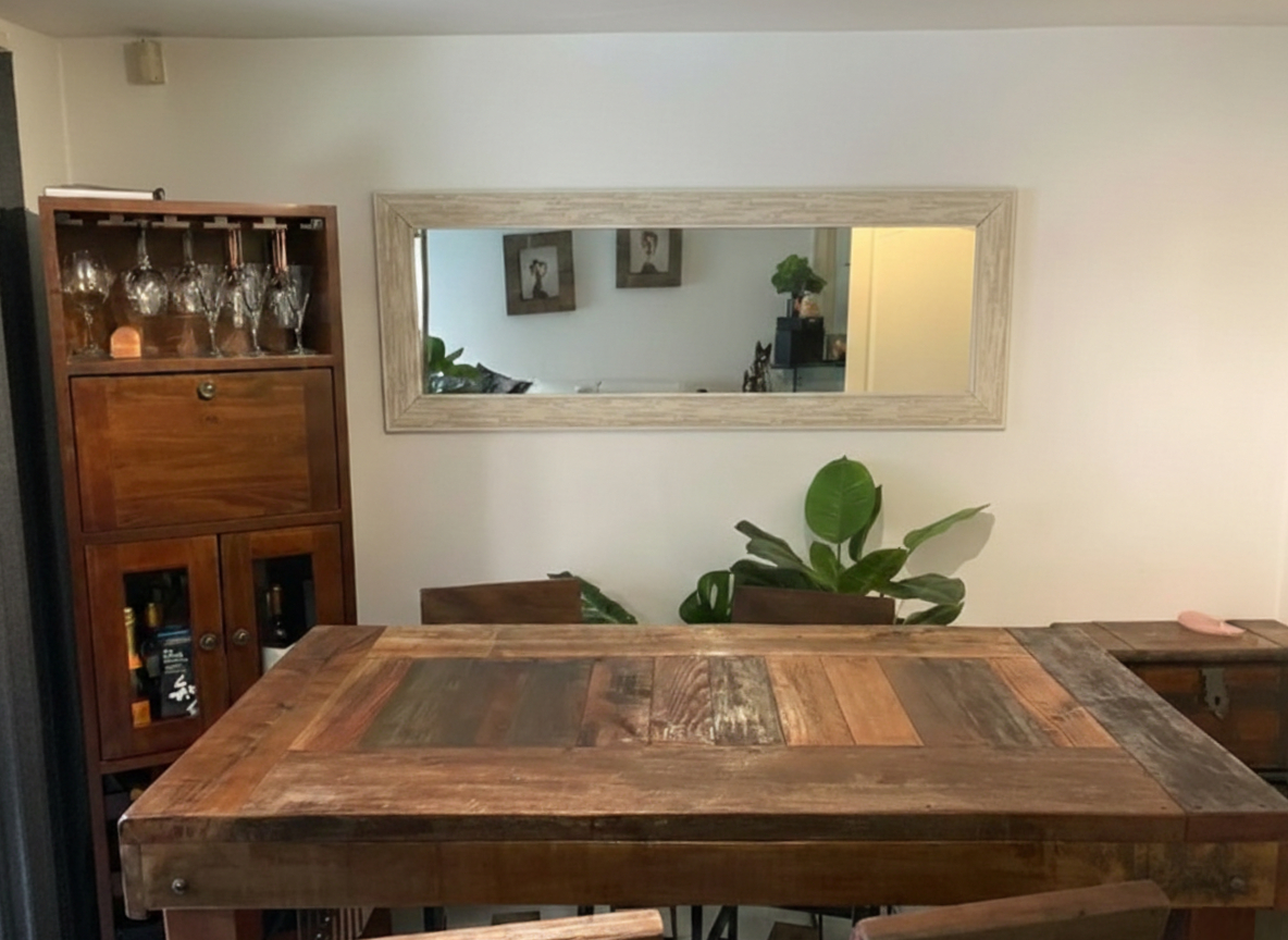 Mesa comedor de roble y rauli, rústica, pisos de roble y fierro, medidas 1.50 x 0.80 x 1.00 de alto